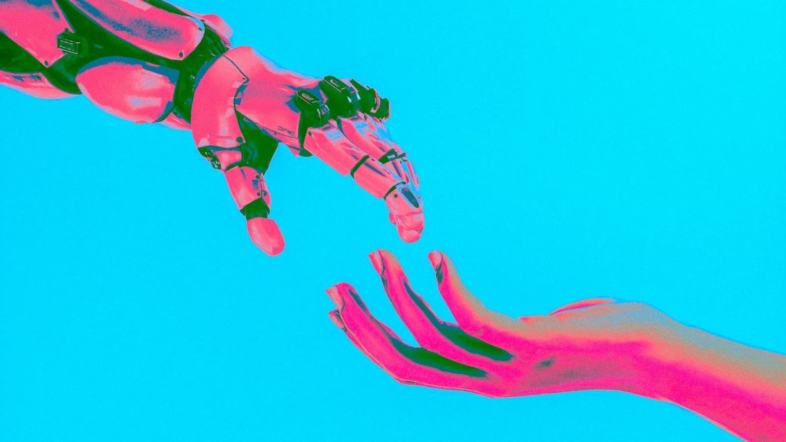 A robotic hand reaching towards a human hand