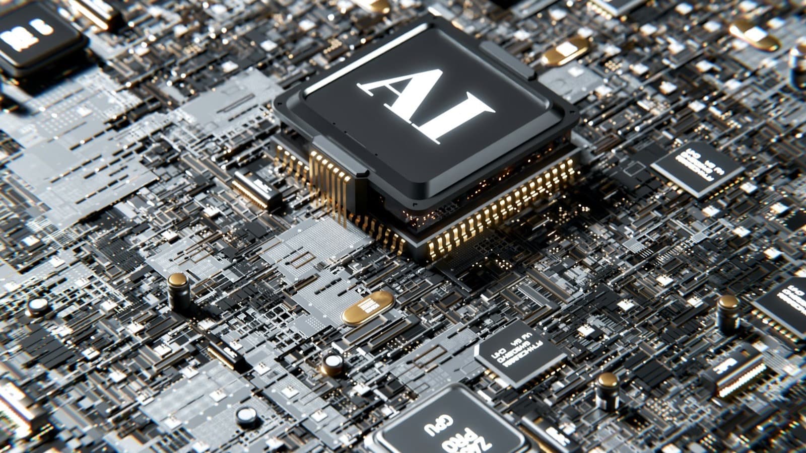 Close-up of a computer chip with the letters AI